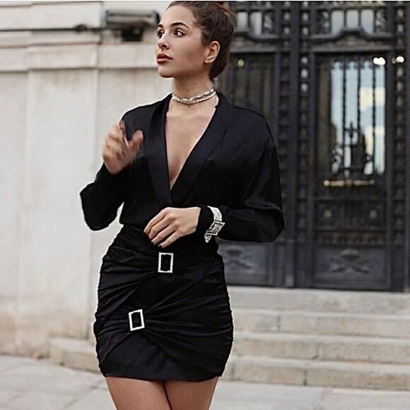 ZARA Dress Jewel Buckle Black Satin Size S BLOGGER FAVORITE• NEW WITH TAGS • - Picture 5 of 14